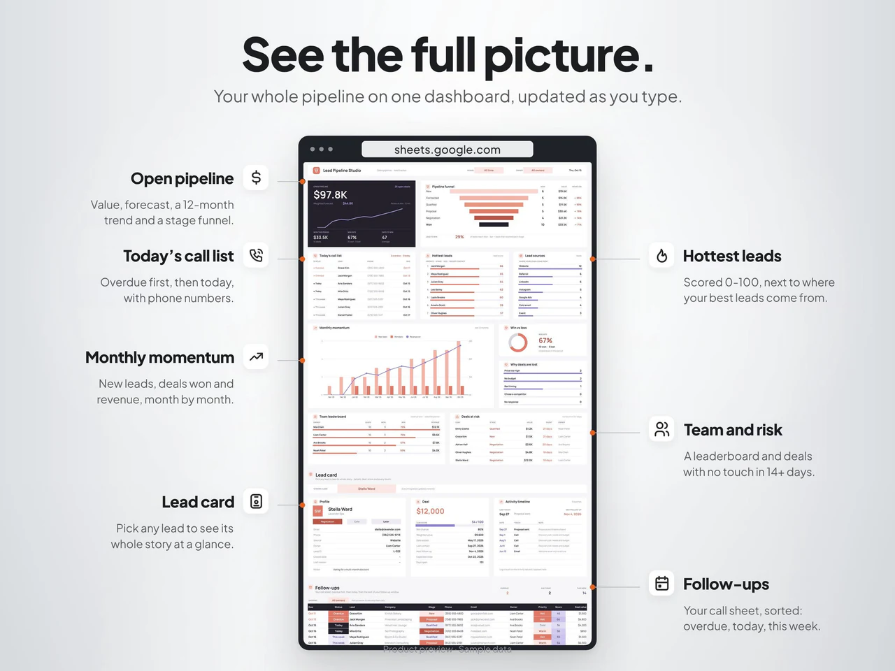 Expanded dashboard and reporting details: CRM Spreadsheet with Lead, Client and Sales Pipeline Tracker for Google Sheets & Excel