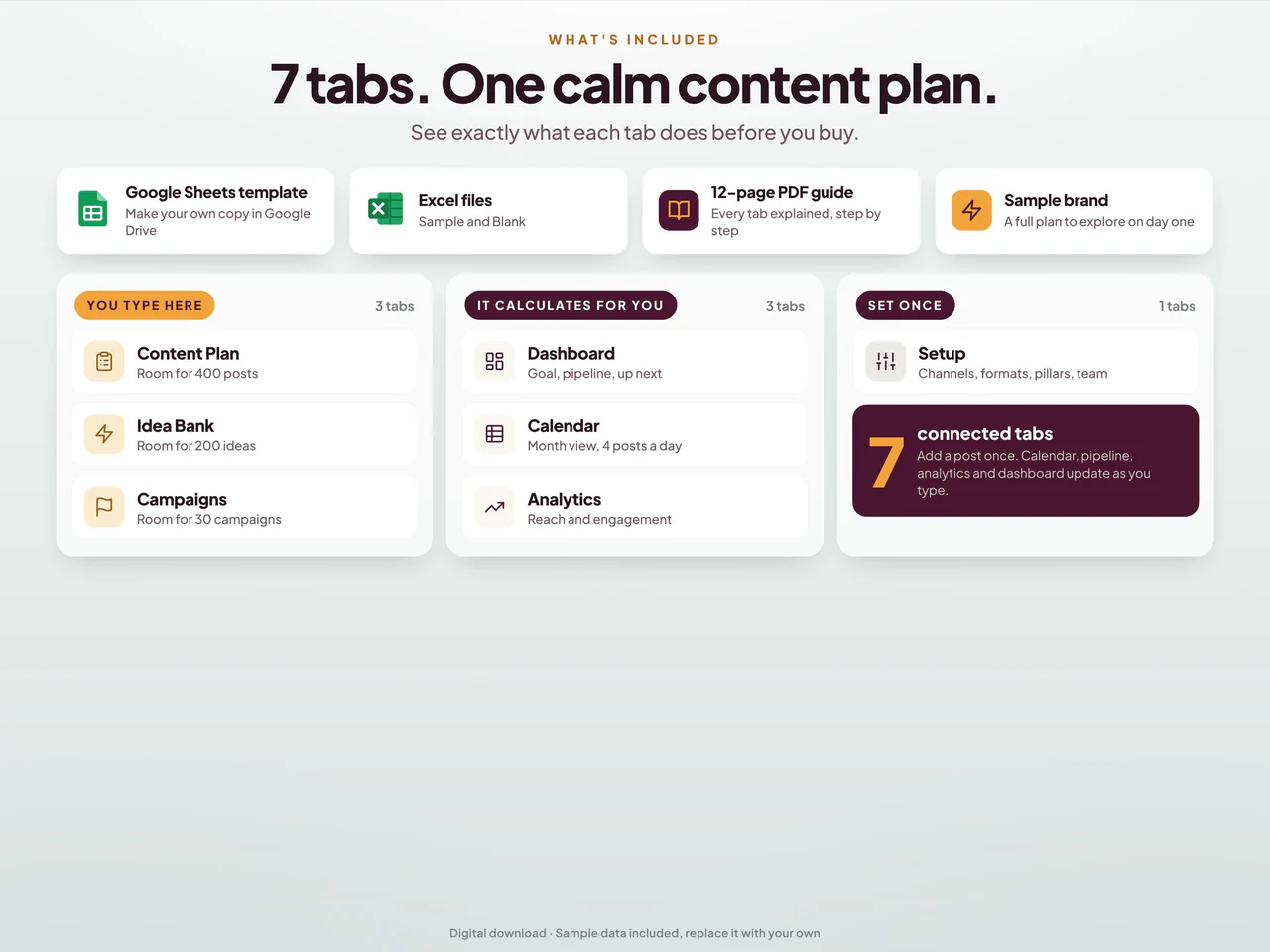 Included worksheets and file formats: Content Calendar and Social Media Planner Spreadsheet for Google Sheets & Excel
