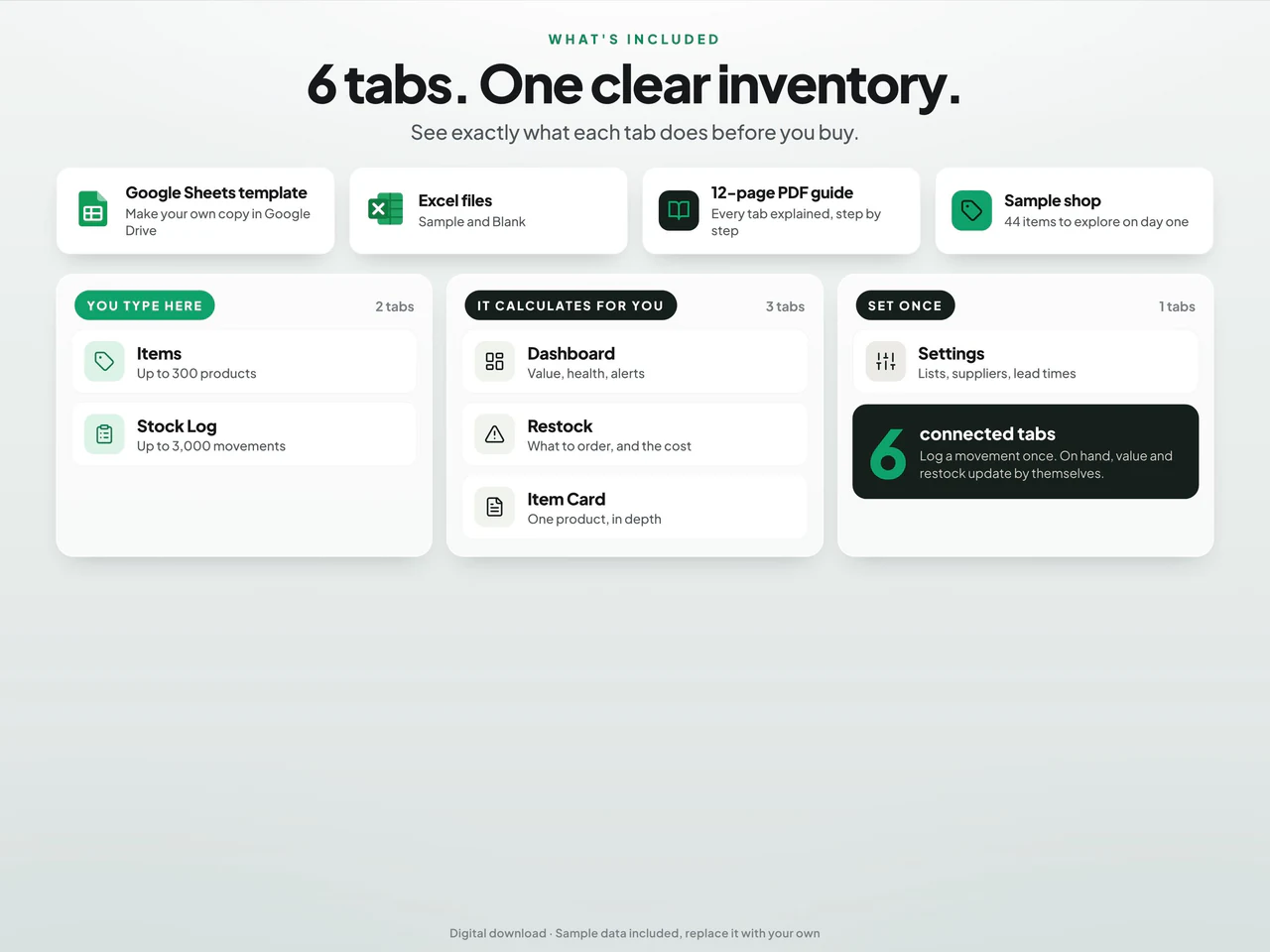Included worksheets and file formats: Small Business Inventory Tracker Spreadsheet for Google Sheets and Excel