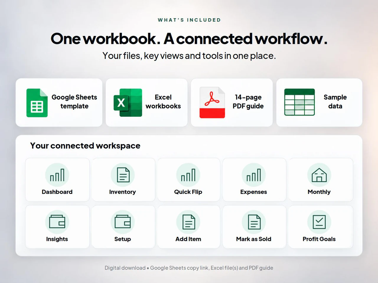 Included worksheets and file formats: Reseller Inventory and Profit Tracker Spreadsheet for Google Sheets and Excel