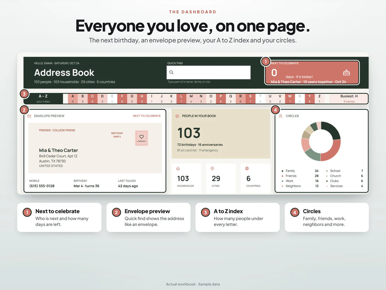 Dashboard preview: Printable and Digital Address Book Template for Google Sheets and Excel