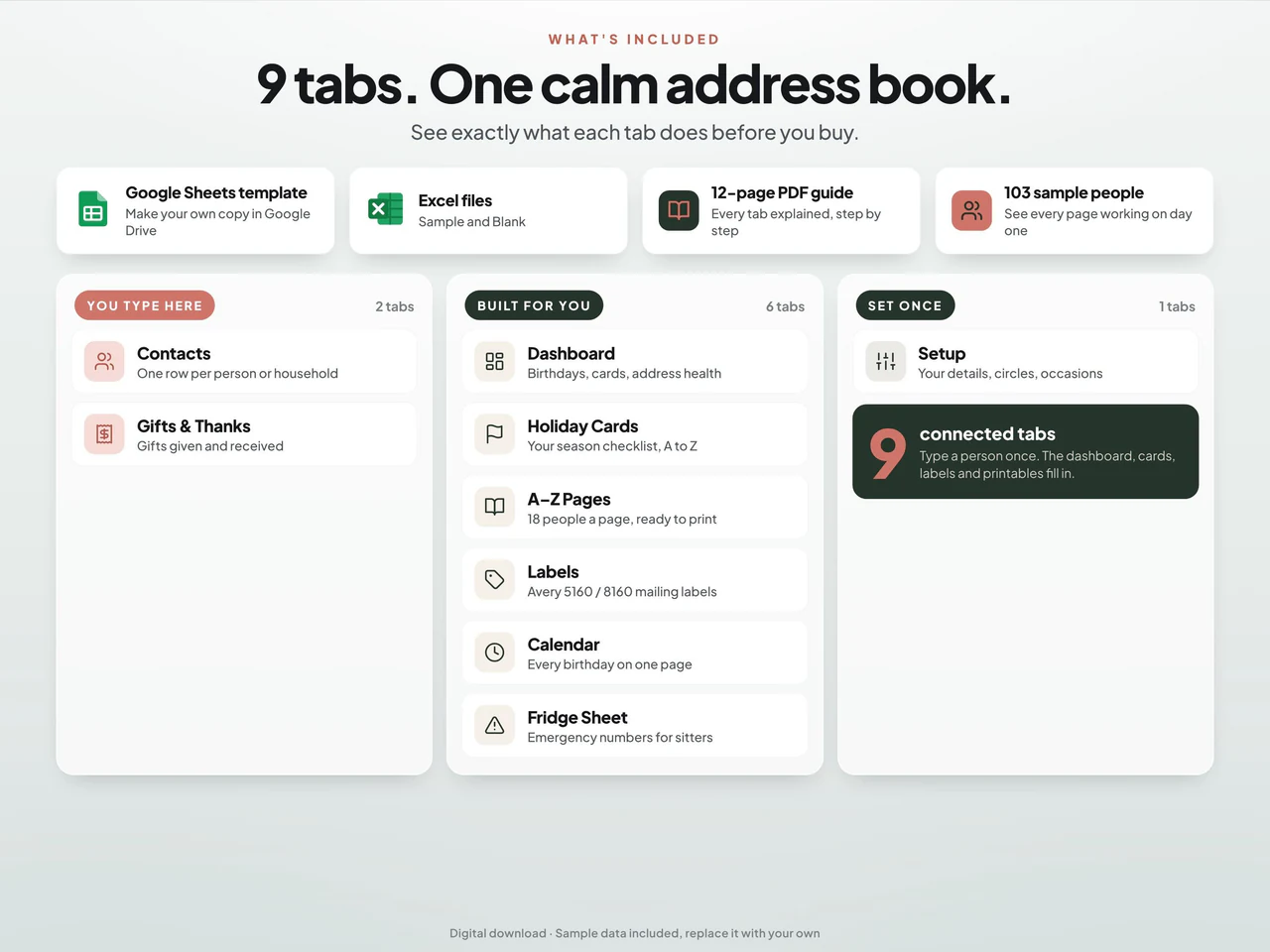 Included worksheets and file formats: Printable and Digital Address Book Template for Google Sheets and Excel