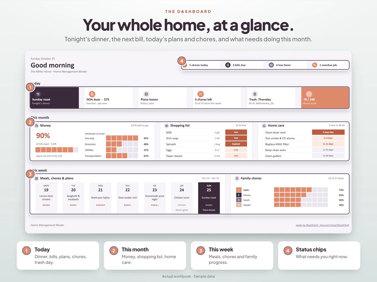 Dashboard preview: Home Management Binder Spreadsheet with Bills, Meals & Chore Planning