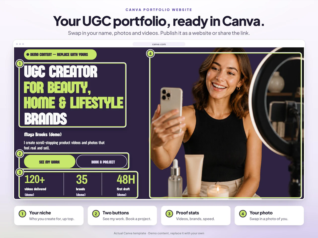 Canva portfolio website preview: UGC Portfolio Template for Canva with Brand Proposal & Creator Tracker