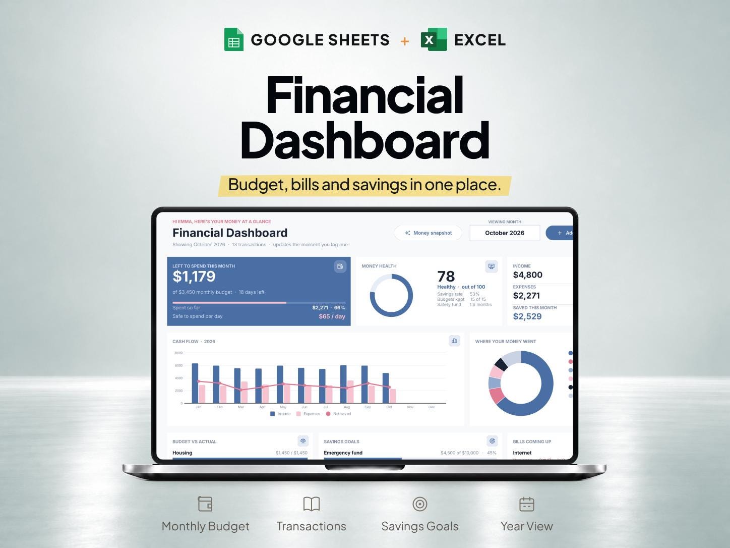 Financial Dashboard Budget Spreadsheet for Google Sheets & Excel — SheetChief product preview