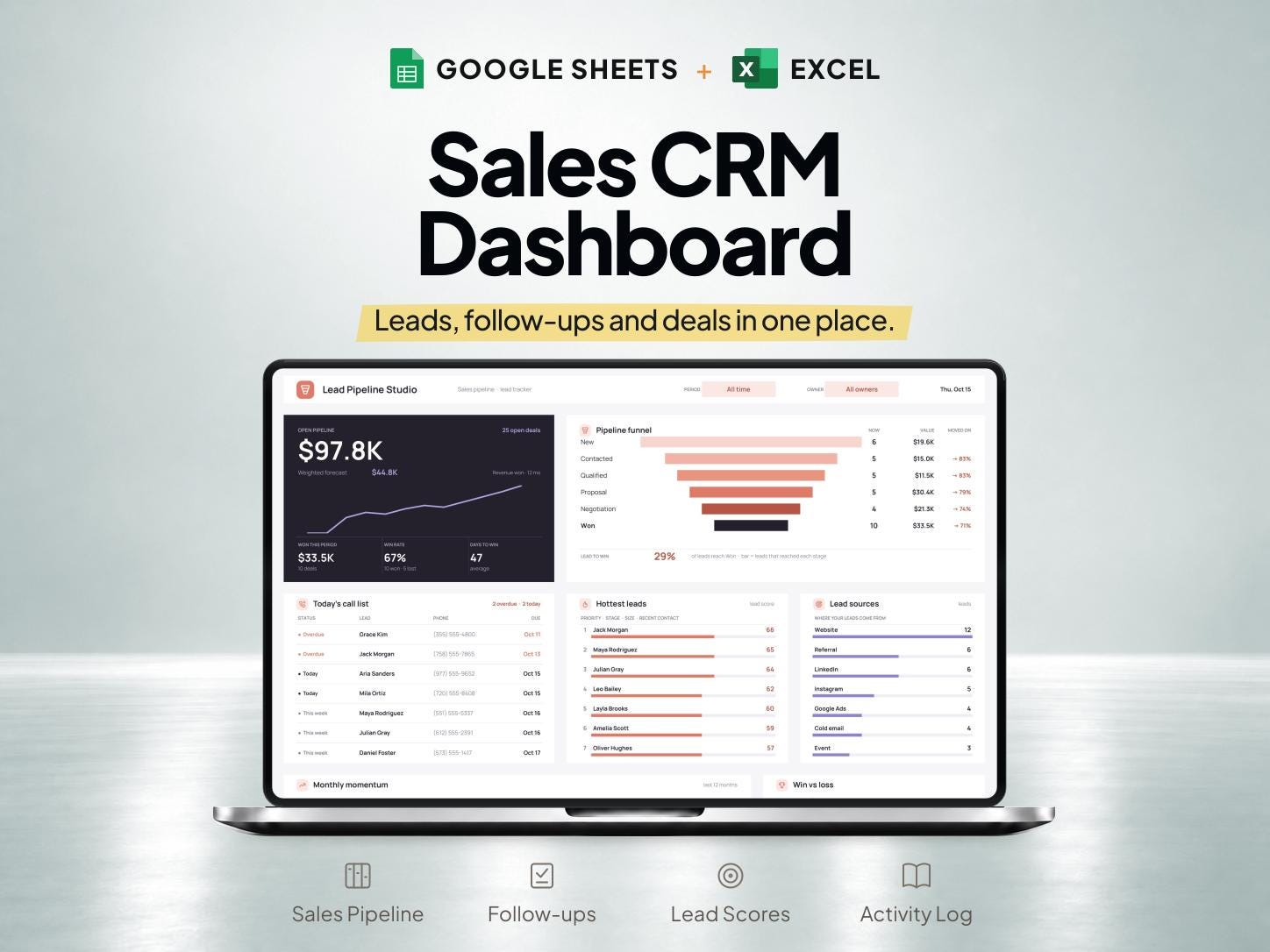 CRM Spreadsheet with Lead, Client and Sales Pipeline Tracker for Google Sheets & Excel — SheetChief product preview