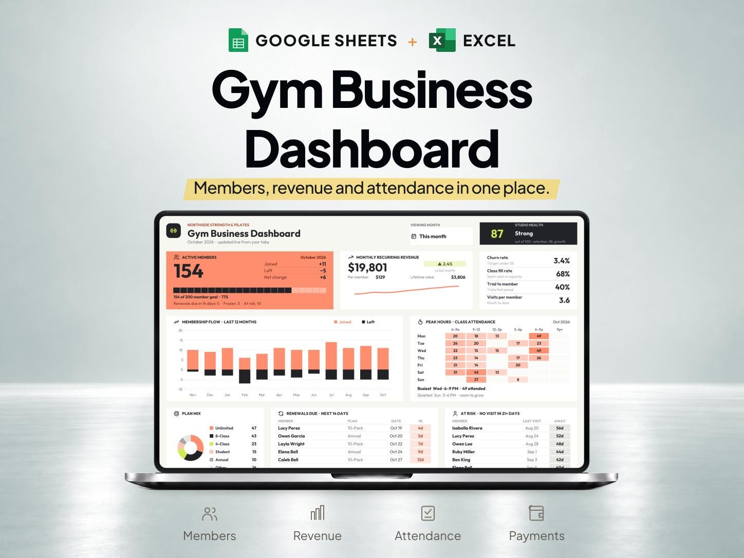 Gym Business Dashboard and Membership Tracker for Google Sheets & Excel — SheetChief product preview