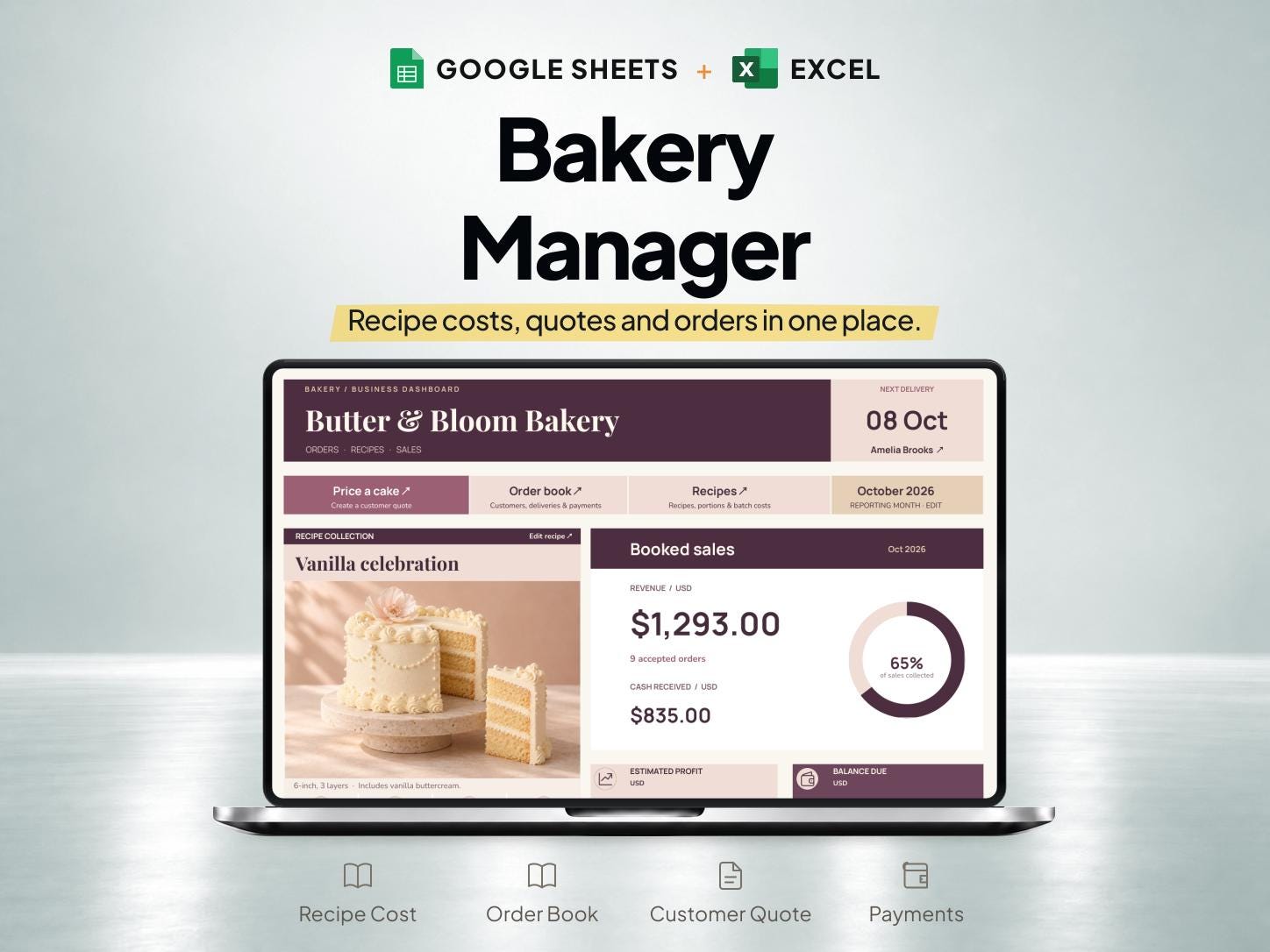 Bakery Pricing Calculator and Order Tracker for Google Sheets + Excel — SheetChief product preview
