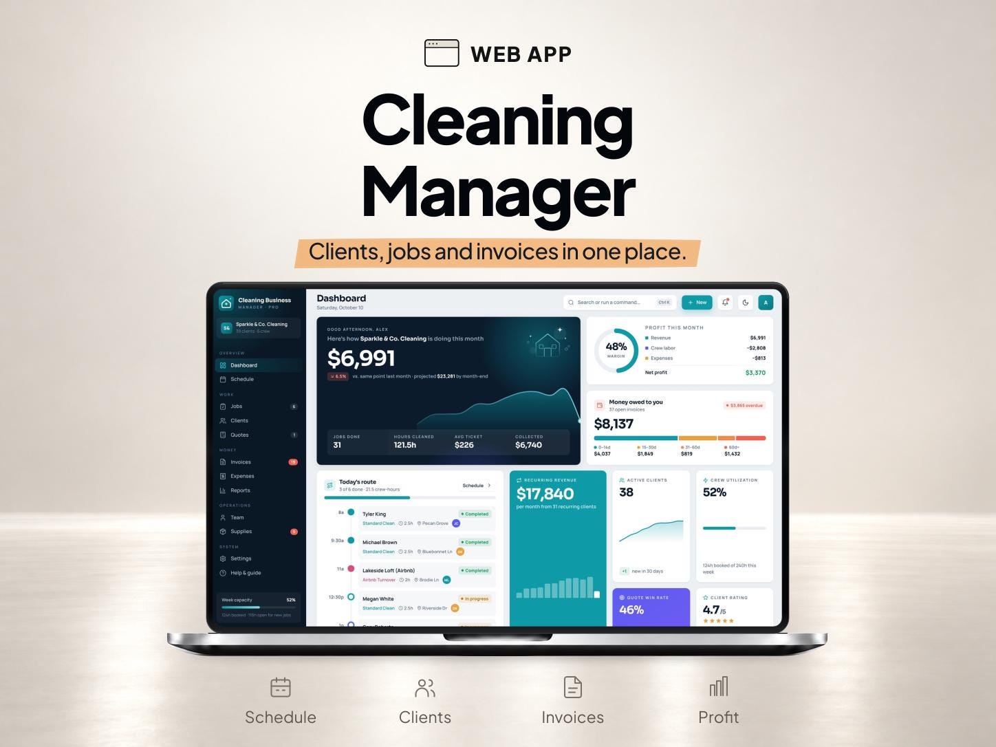 Cleaning Business Planner App with Schedule, Invoices and Quotes — SheetChief product preview
