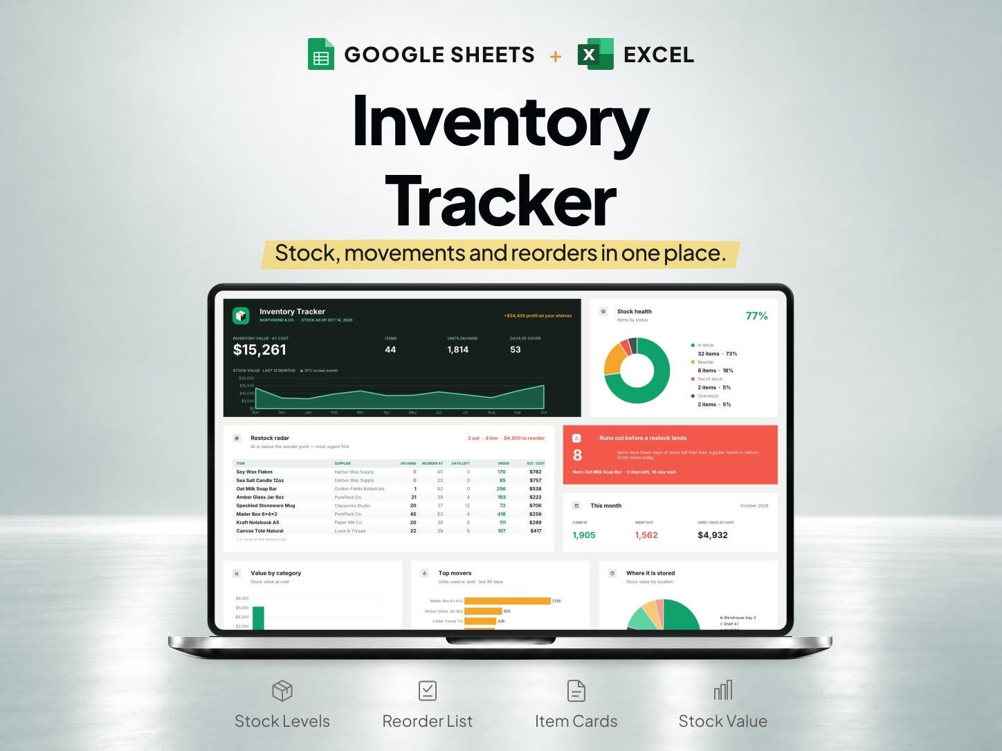 Small Business Inventory Tracker Spreadsheet for Google Sheets and Excel — SheetChief product preview
