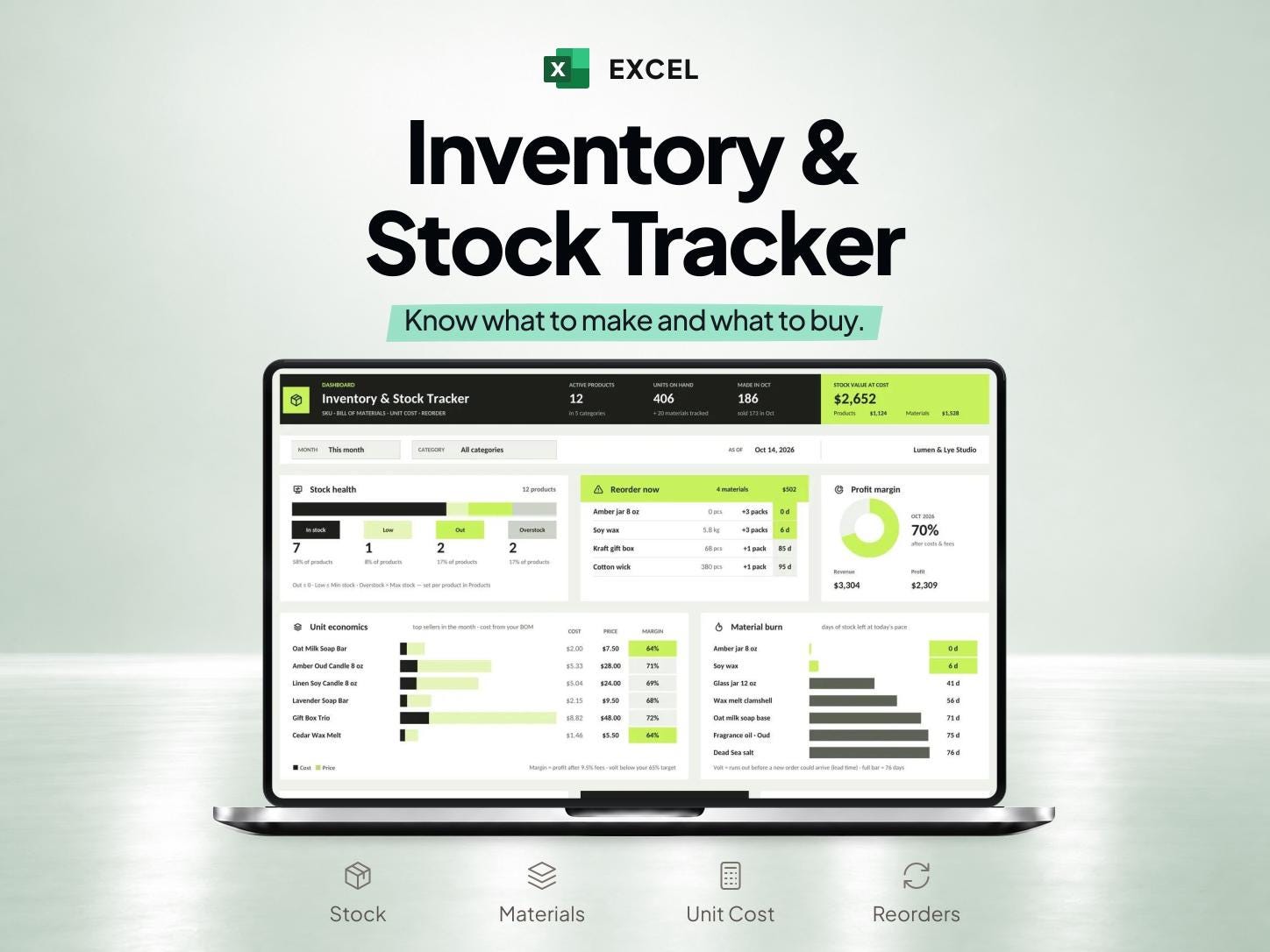 Excel Inventory & Product Cost Spreadsheet with Bill of Materials — SheetChief product preview