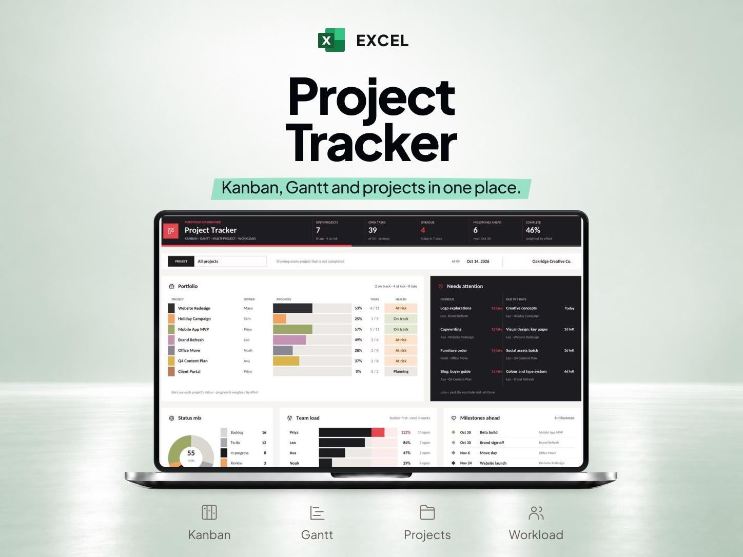 Project Tracker Excel Template with Kanban Board and Gantt Chart — SheetChief product preview