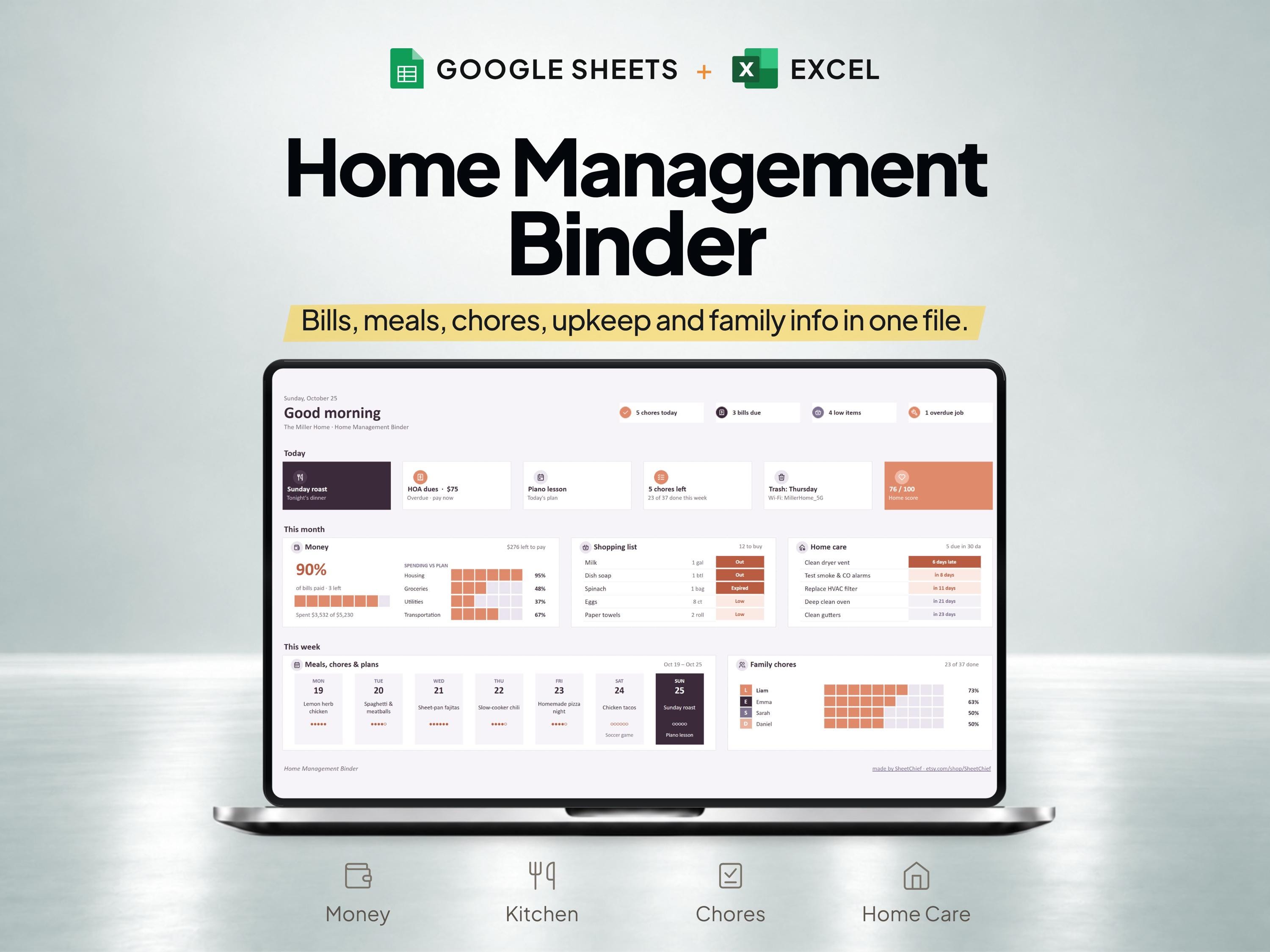 Home Management Binder Spreadsheet with Bills, Meals & Chore Planning — SheetChief product preview