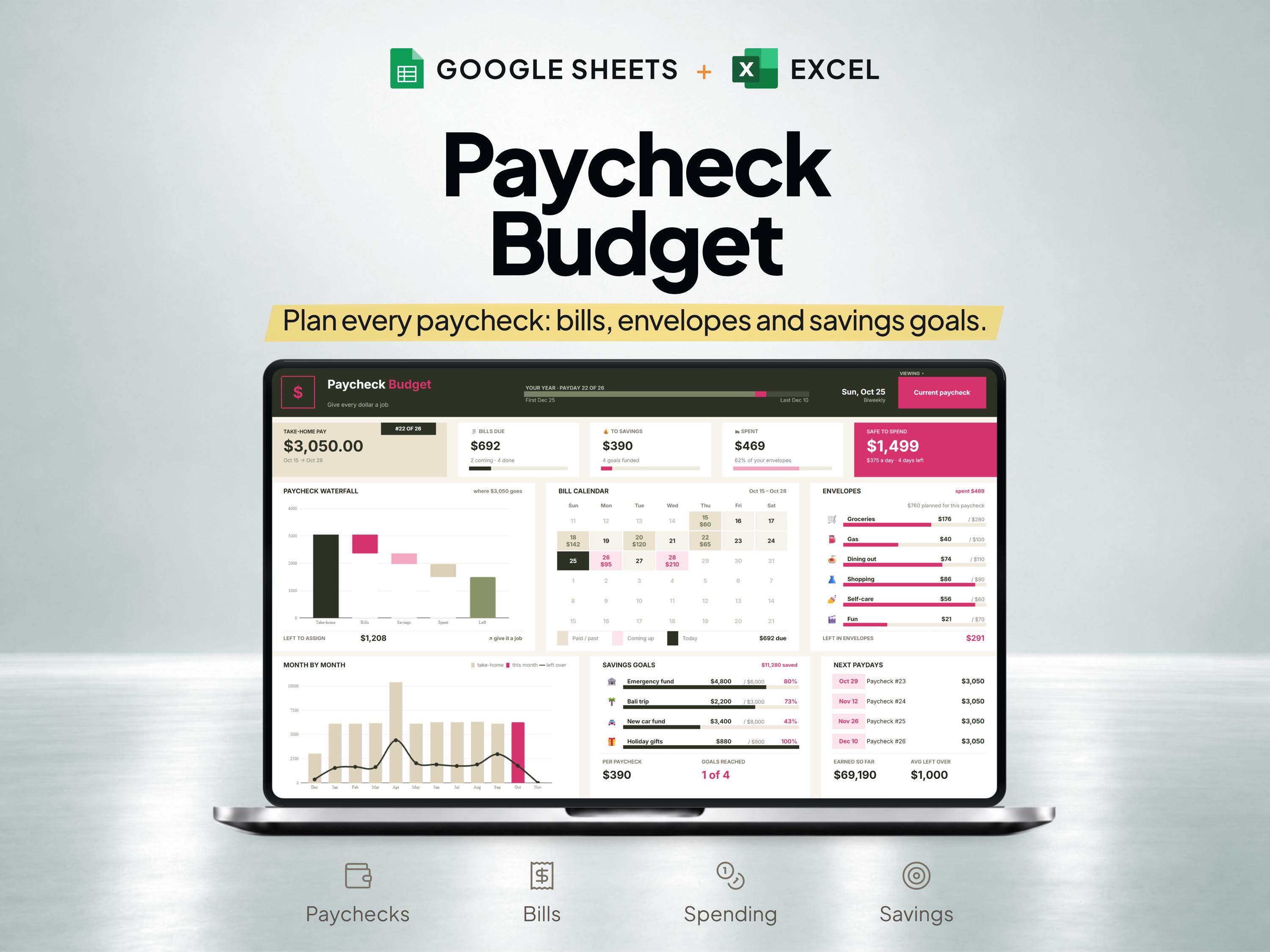 Paycheck Budget Spreadsheet and Biweekly Bill Planner for Google Sheets & Excel — SheetChief product preview