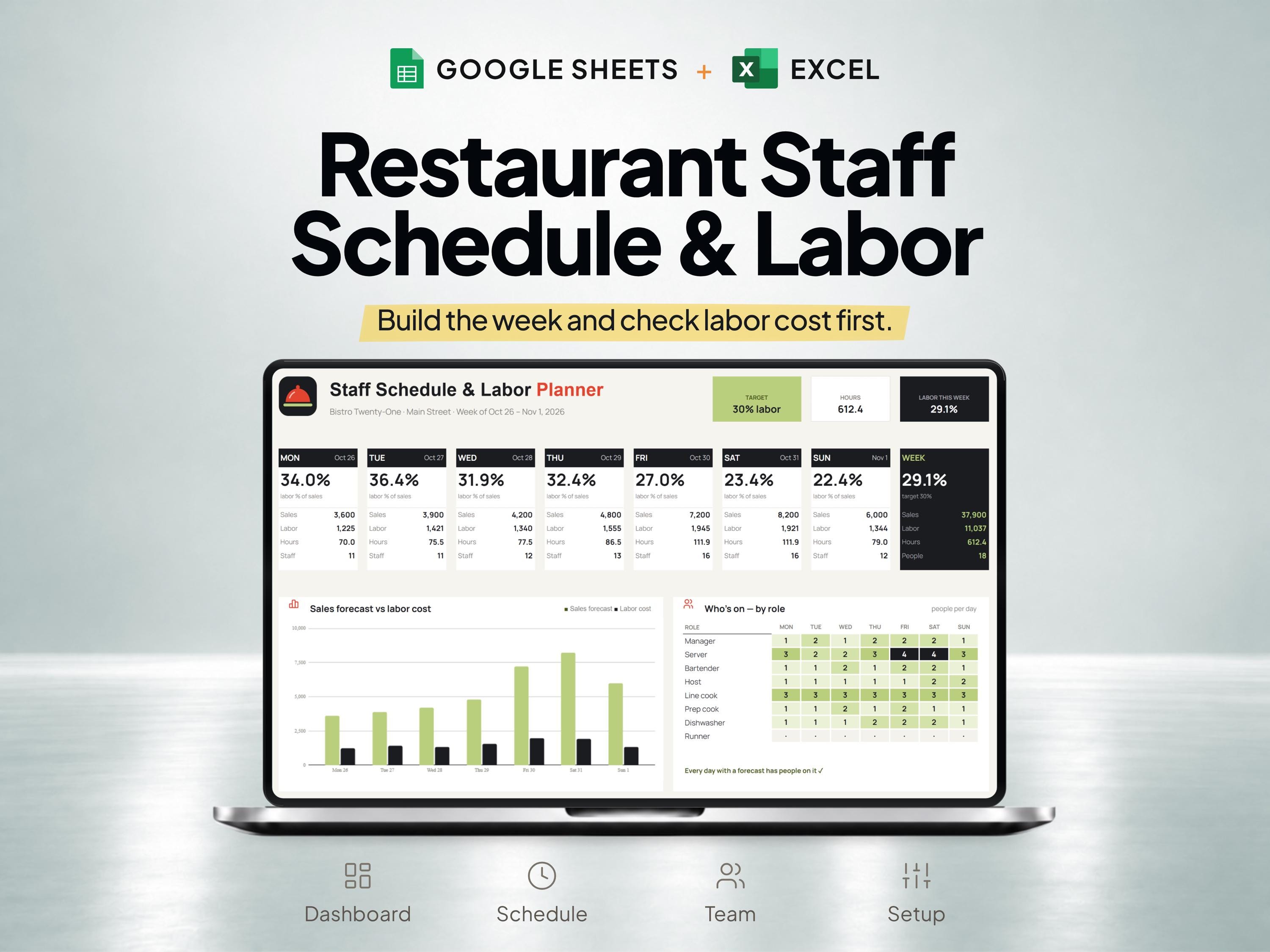 Restaurant Staff Schedule & Labor Cost Planner for Google Sheets and Excel — SheetChief product preview