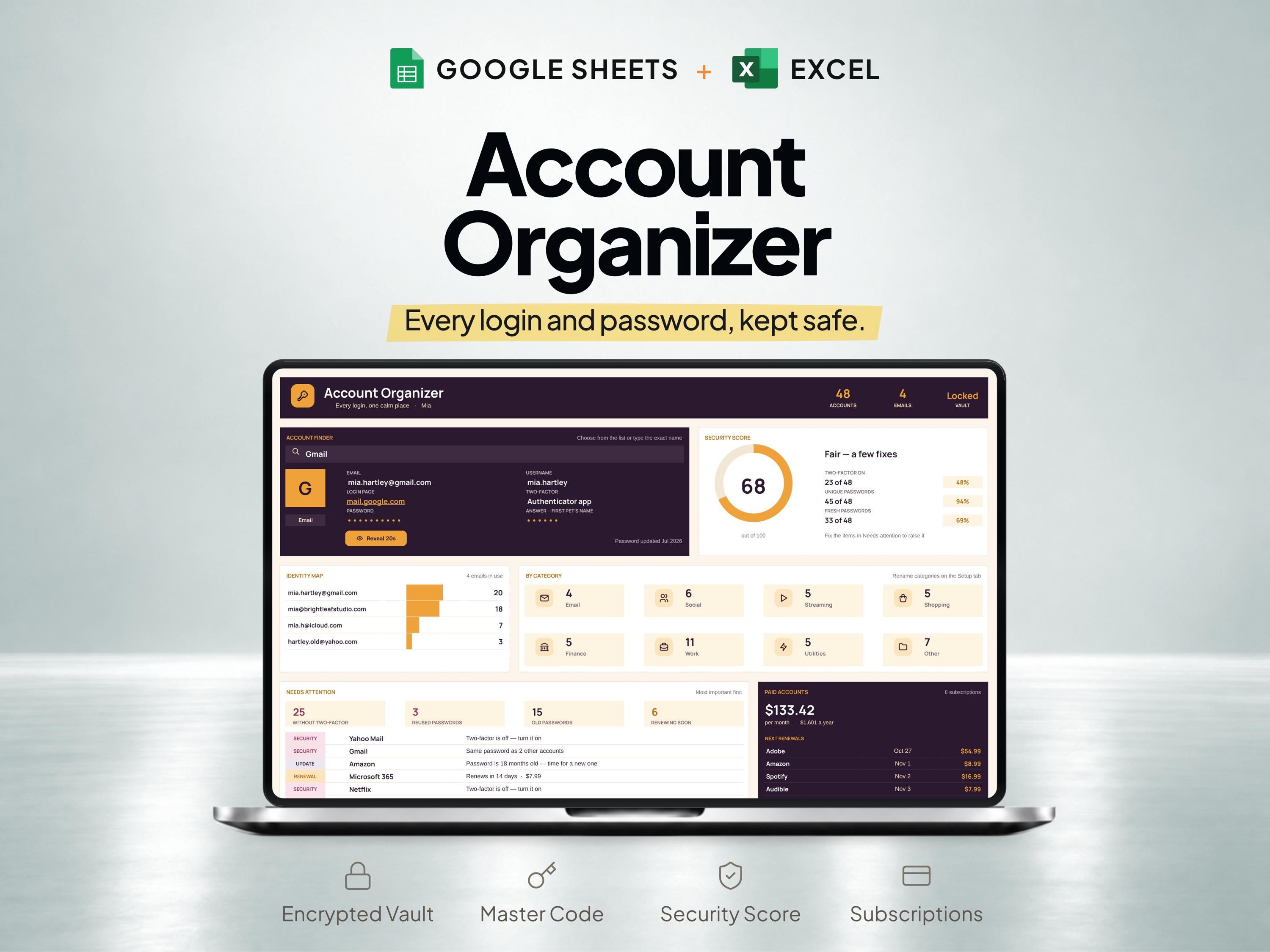 Password & Account Organizer Spreadsheet for Google Sheets and Excel — SheetChief product preview